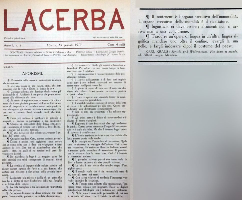 Karl Kraus, Aforismi, trad. di Italo Tavolato, “Lacerba”, I.2, 15 gennaio 1913, 1